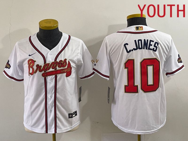 Youth Atlanta Braves 10 C.Jones White Gold Game Nike 2023 MLB Jersey